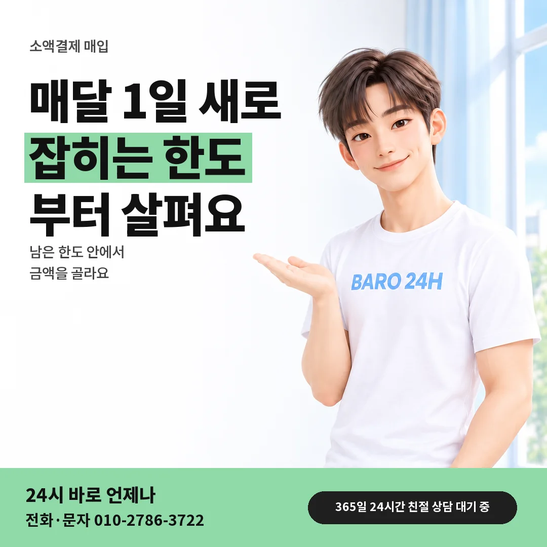 BARO 24H 티셔츠를 입은 3D 인물 옆에 「소액결제 매입 한도 달력」 제목을 얹은 안내 카드