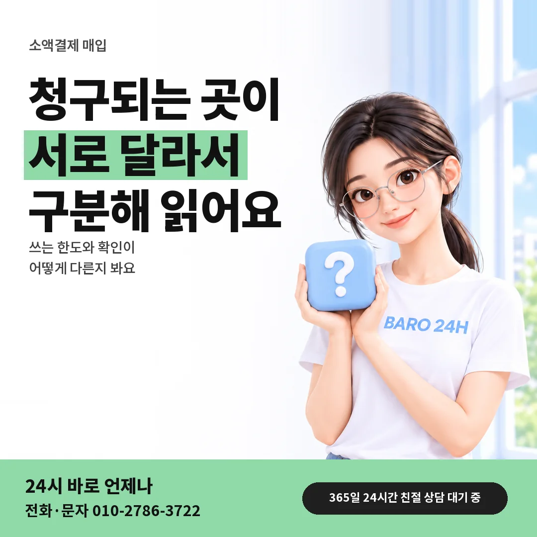 물음표 상자를 든 BARO 24H 티셔츠를 입은 3D 인물 옆에 「카드깡과 다른 점」 제목을 얹은 안내 카드